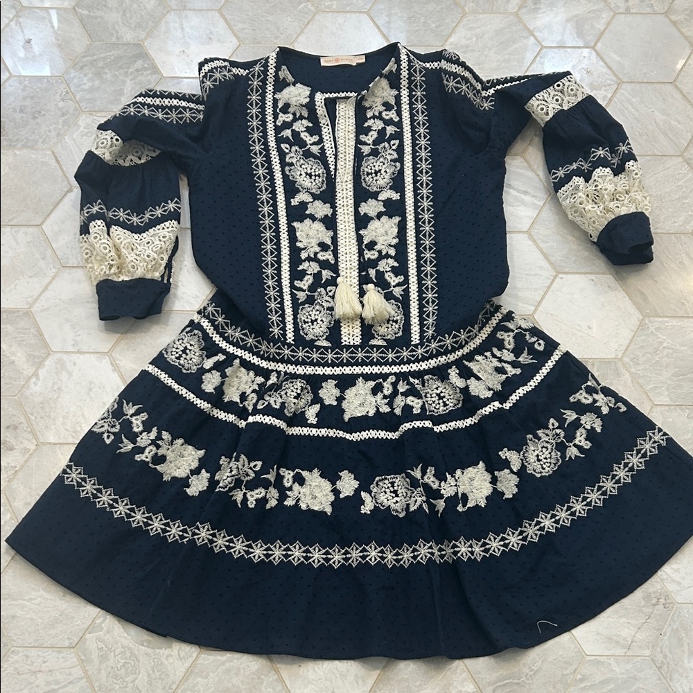 Tory Burch Embroidered Dress in Navy and Cream